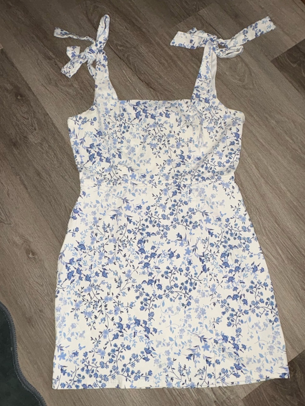 Trixxi White Mini Dress with Blue Floral Print and Tie Straps